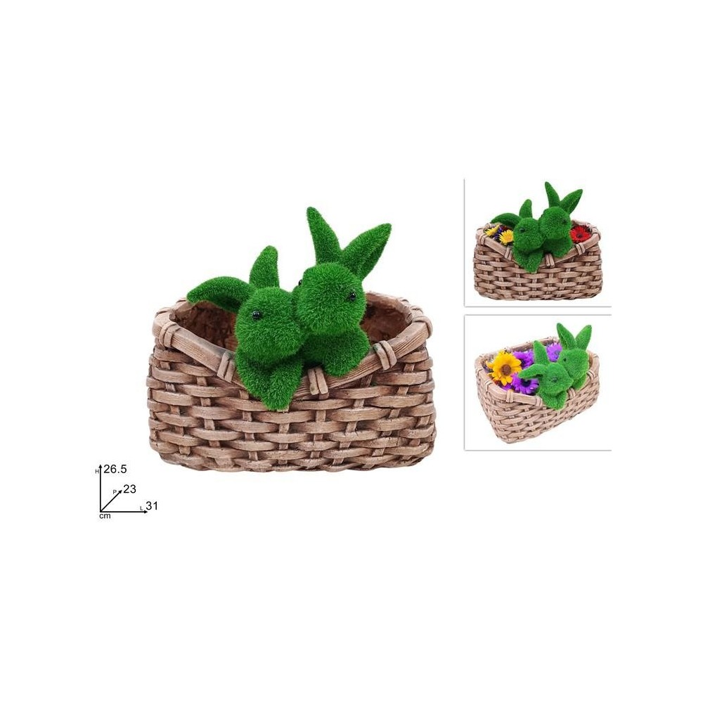 CESTA PORTAPIANTA CON CONIGLI FLOCCATI